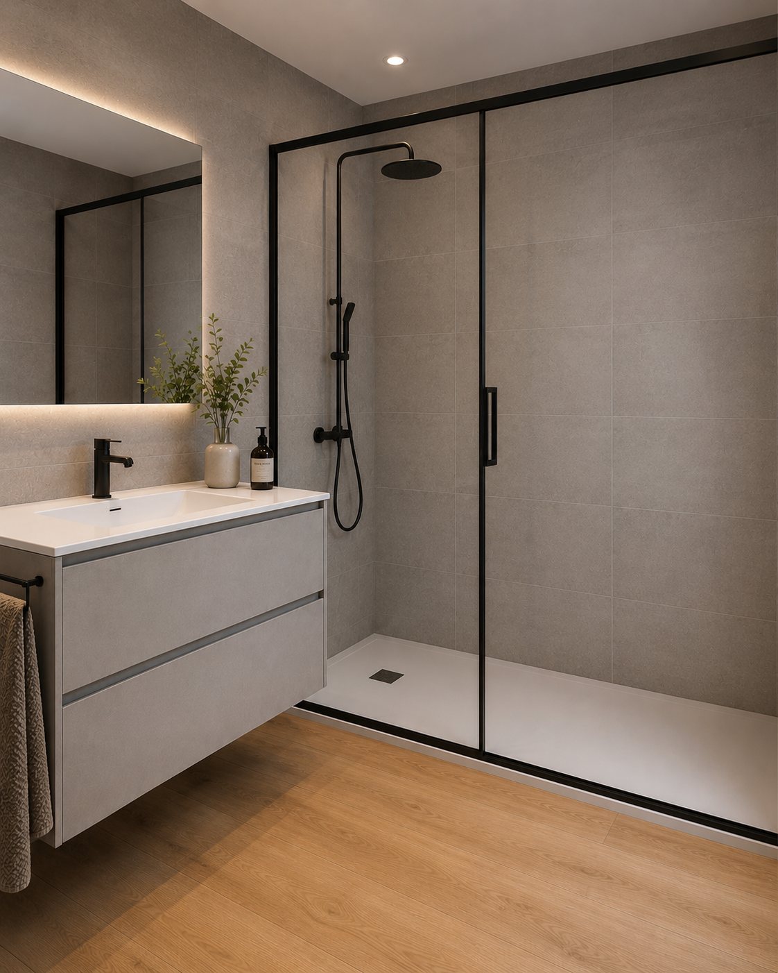 Salle de bains avec douche vitrée et meuble suspendu