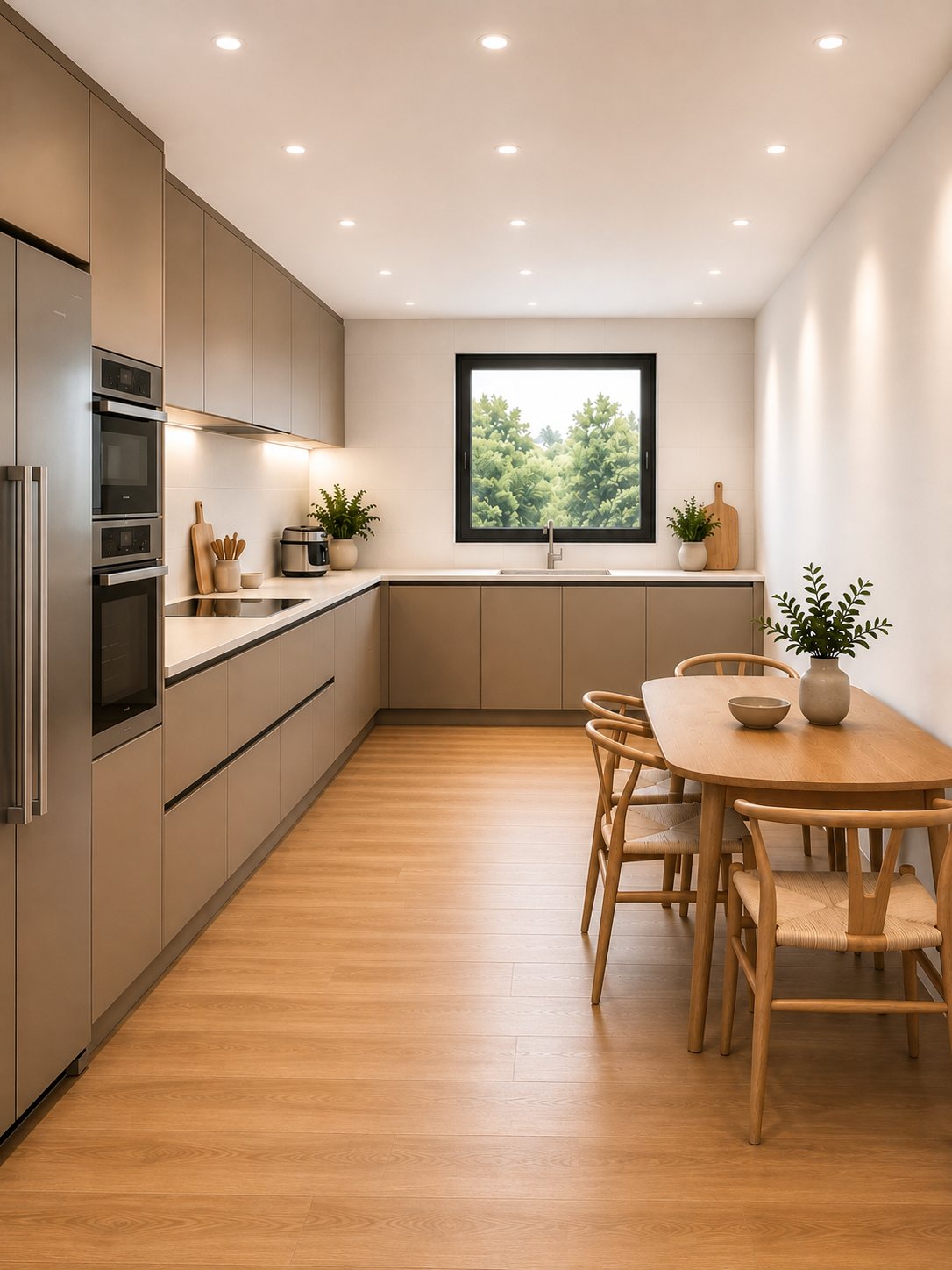 Cuisine aux façades ton bois avec table à manger