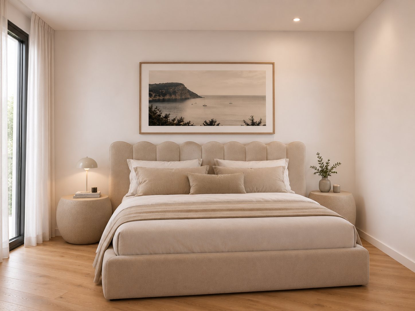 Chambre principale avec tête de lit capitonnée et tableau