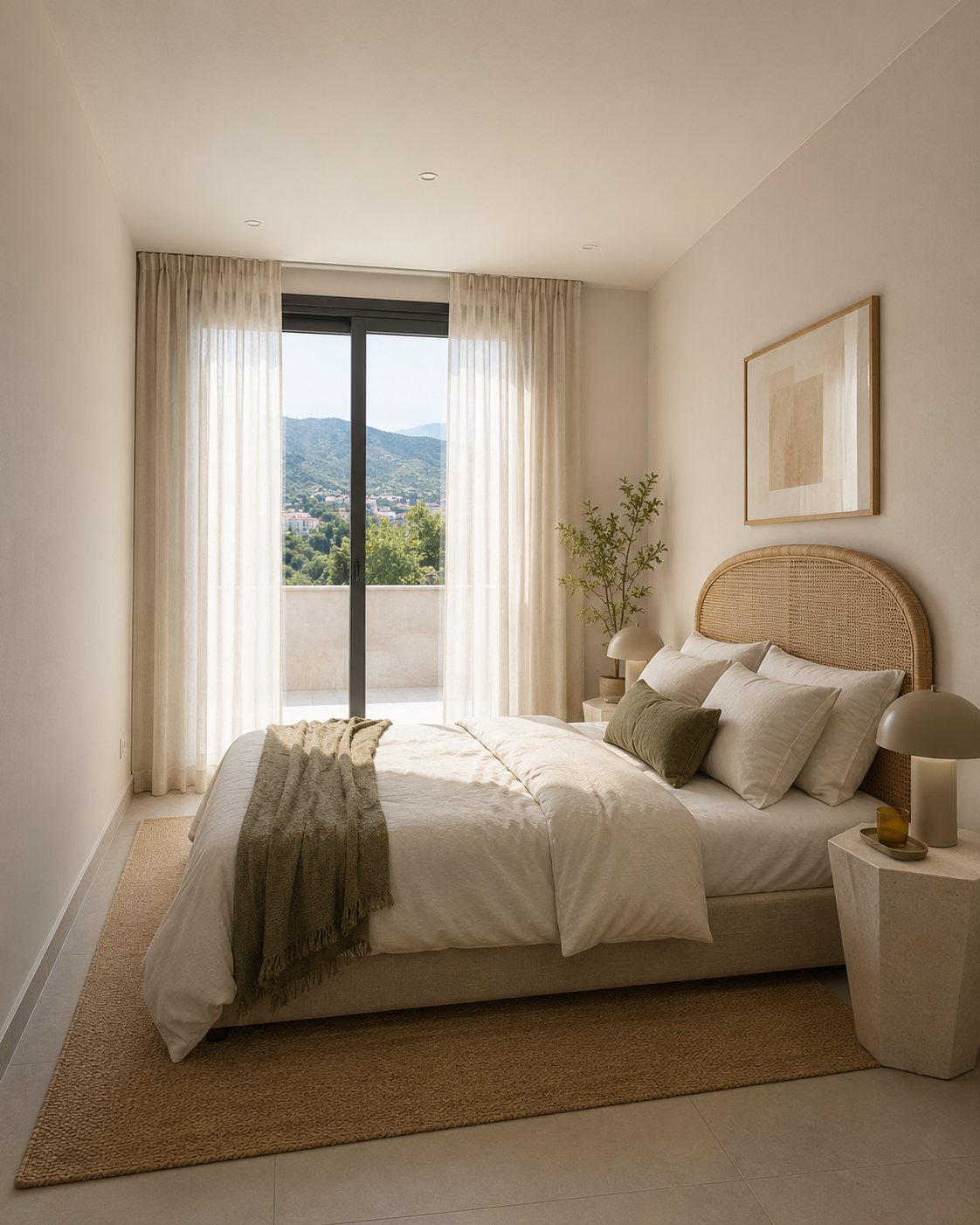 Chambre avec tête de lit capitonnée et baie vitrée