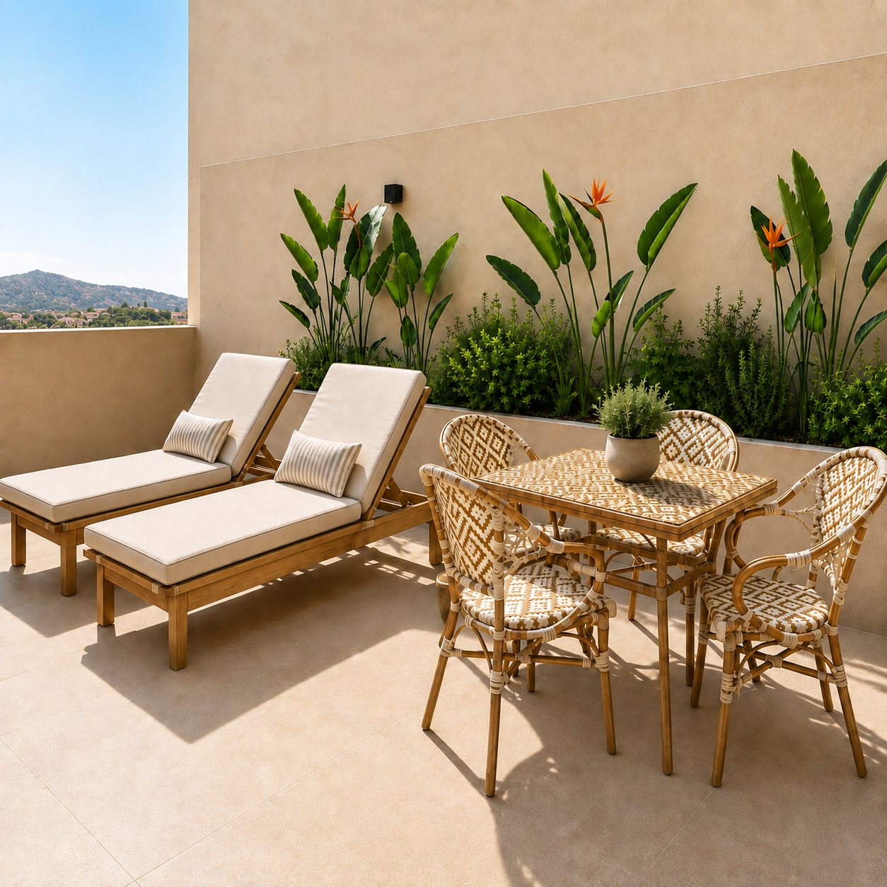Solarium privé avec bains de soleil, table et jardinières