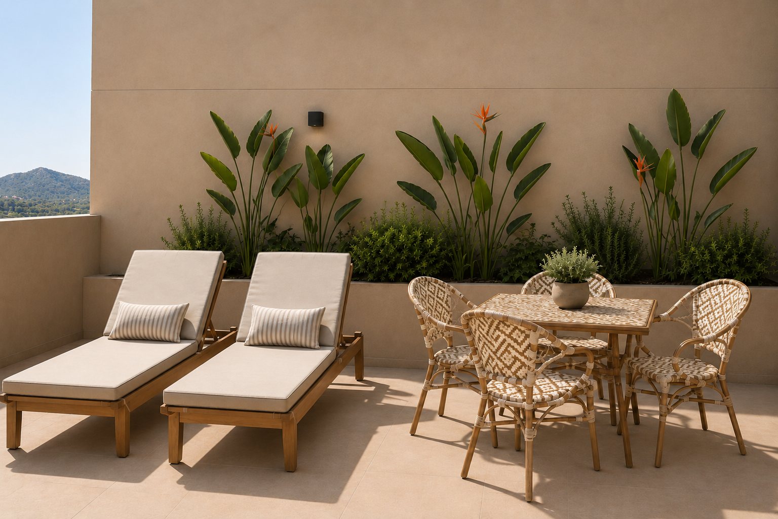 Terrasse avec bains de soleil, table et jardinière