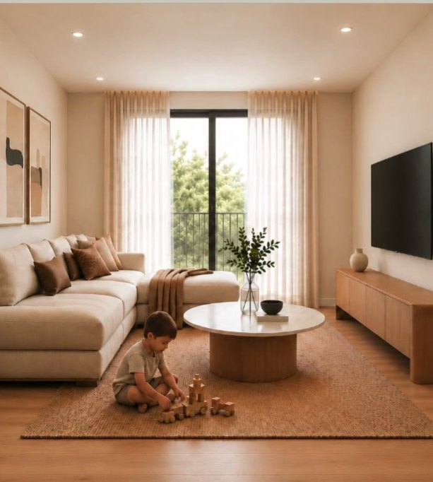 Salón con sofá y cocina al fondo, con un niño jugando